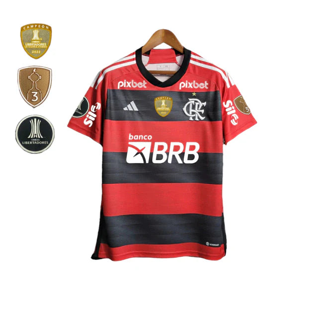 Camisa Flamengo I 23/24  Patrocínios Masculina - Vermelho e Preto