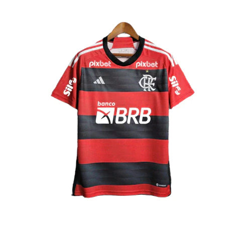 Camisa Flamengo I 23/24  Patrocínios Masculina - Vermelho e Preto