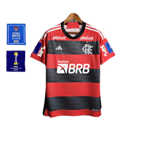 Camisa Flamengo I 23/24  Patrocínios Masculina - Vermelho e Preto