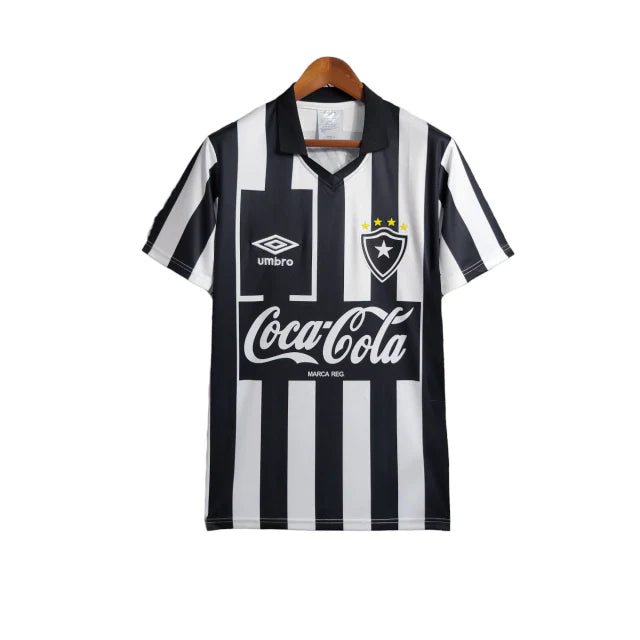 Camisa Botafogo I Retrô 1997 Torcedor Masculina - Branca com listras pretas com patrocínio da Coca Cola